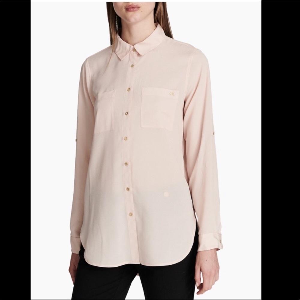NWT Calvin Klein Button Front Shirt Top Long Sleeves Blush Pink Sz XS